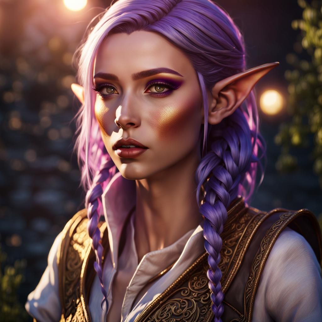 8k resolution concept portrait. Elf woman with purple hair. Slightly ...