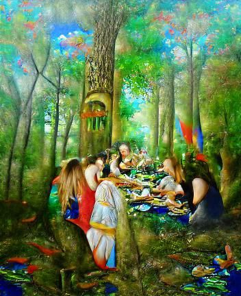 A communal meal in the forest, sharing nature's blessings. a...
