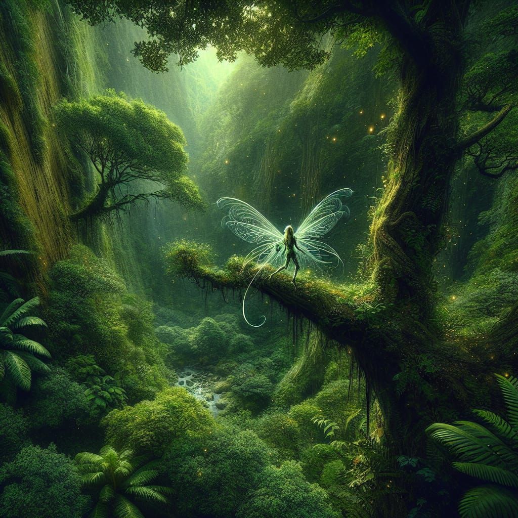 A gossamer winged fairy in a tree branch in a deep green verdant lush ...