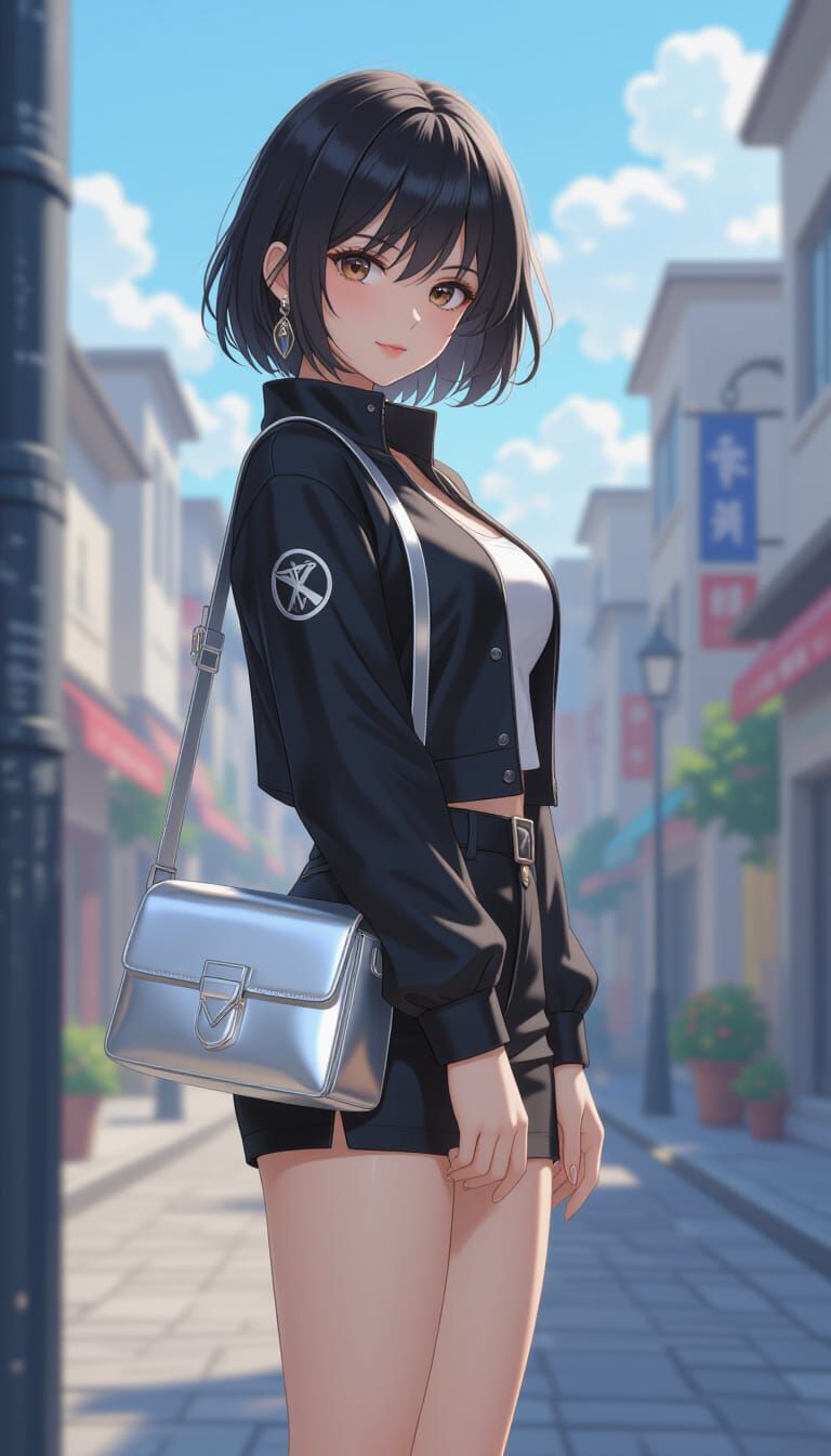 Anime Style Woman in Silver Sneakers and Bag