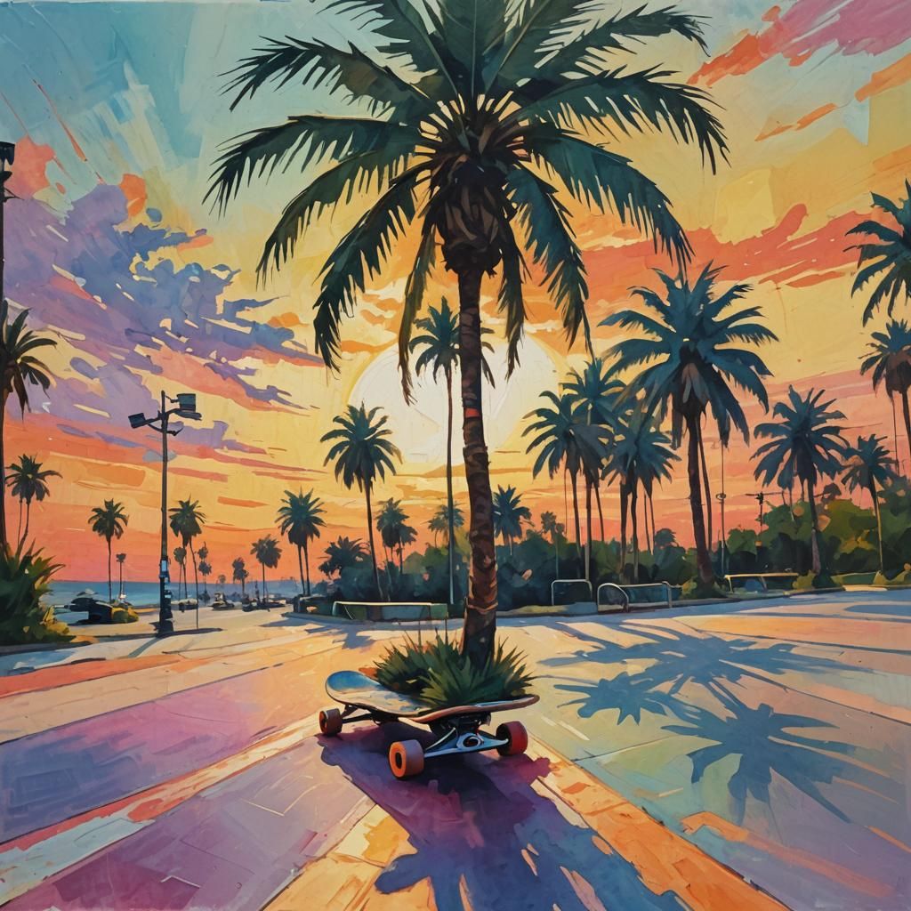A skateboarding recharge whit palm on sunset
