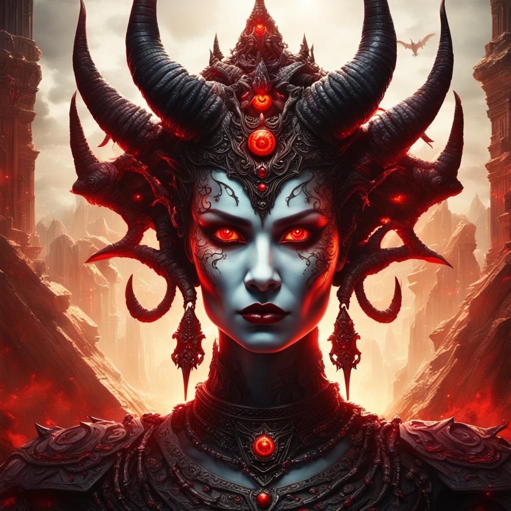 Head and shoulder portrait of a majestic evil devil goddess with