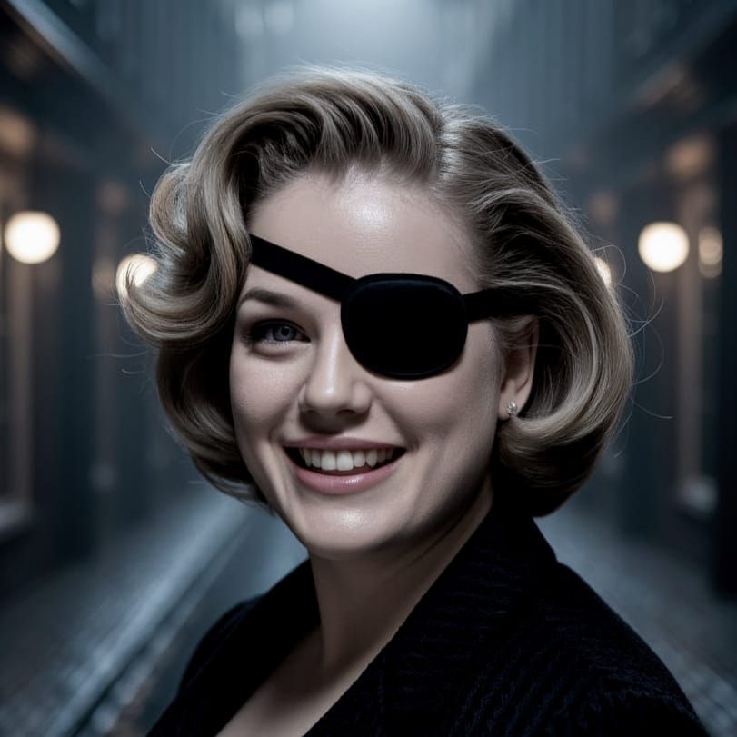 Cinematic photo portrait of a gorgeous woman with short wavy blonde hair wearing an eyepatch 