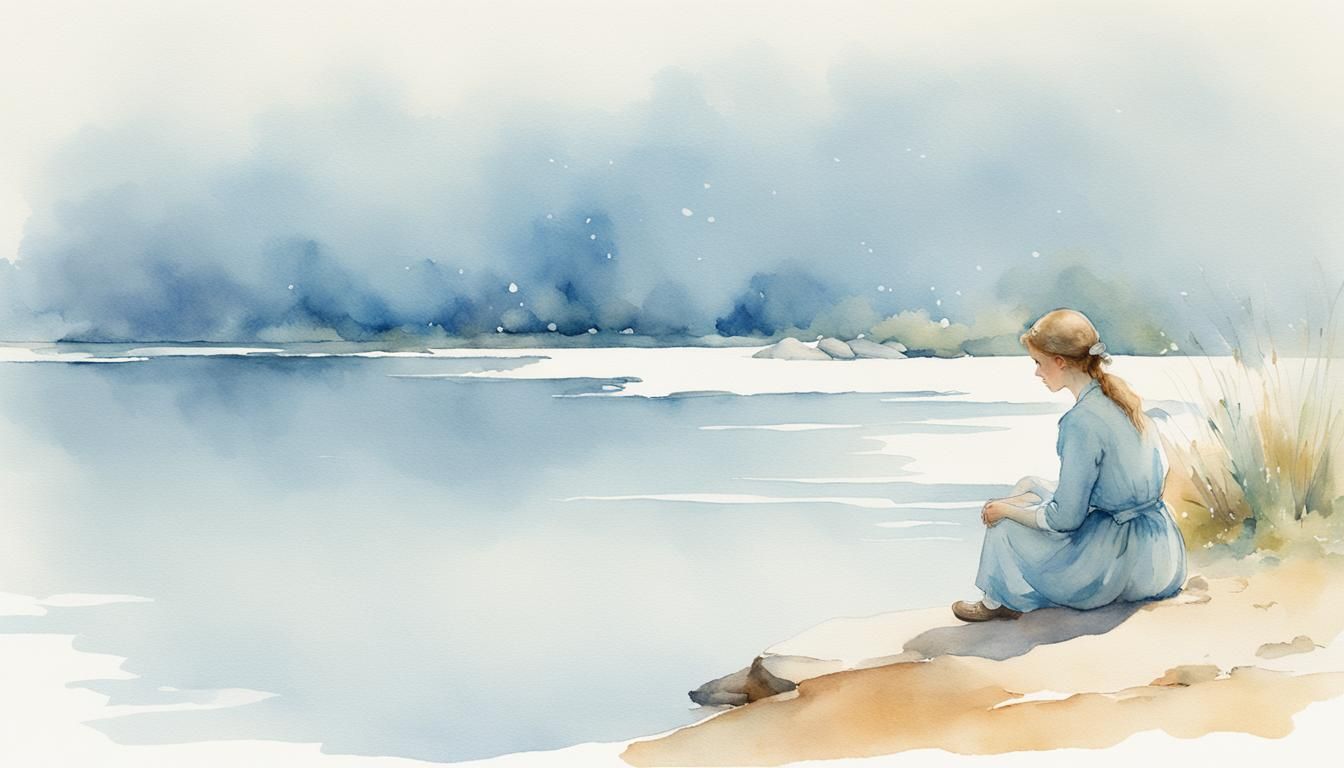 Karin au bord de l'eau, en 1908, aquarelle atténuée et dégradée, à la façon de Carl Larsson #suédois #aquarelle # dégradé bleu_