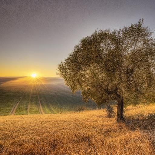 Hill, olive groves, vineyards, oaks, firs, in the light of d...