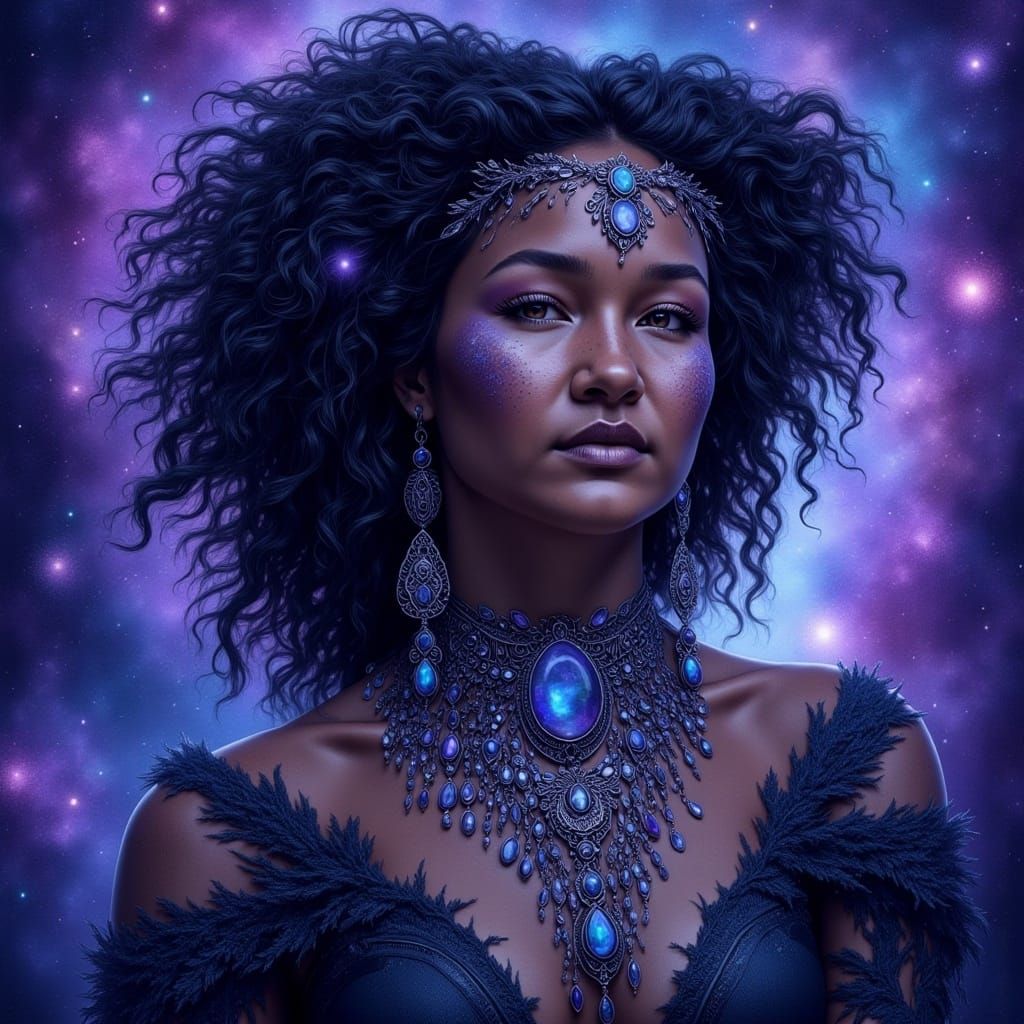 <lora:Native Woman:1.0> Portrait of woman wearing large black opals