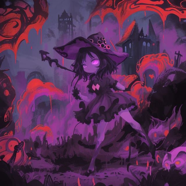 Surreal Gothic Goddess Wields Metal Spear in Dark Whimsy