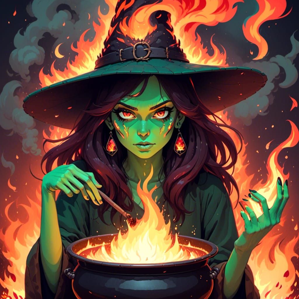 <lora:Calamity Beauties XL:1.0>, surrealist art Cursed Ancient warty Witch boiling a potion. dreamlike, mysterious, provocative, symbolic, i...