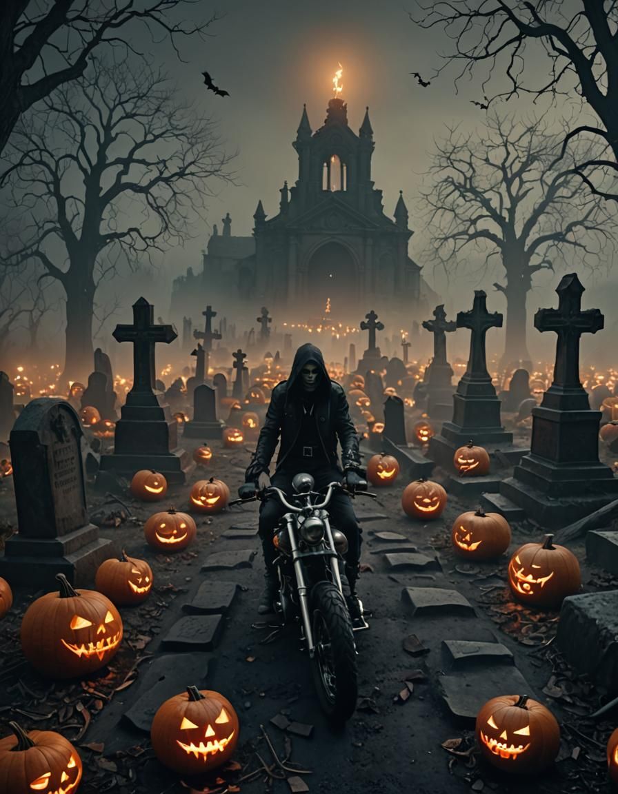 Dark Fantasy Graveyard Scene with Death and Motorcyclists