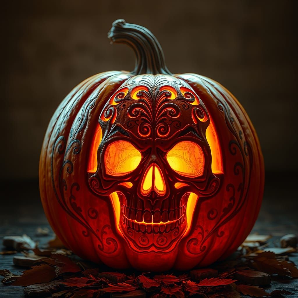 A majestic, ornate pumpkin, adorned with an expertly carved skull design, aglow with an ethereal, warm ...  by @Artiro