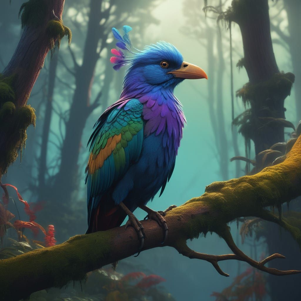 Whimsical Papoušek in a Lush, Mystical Forest