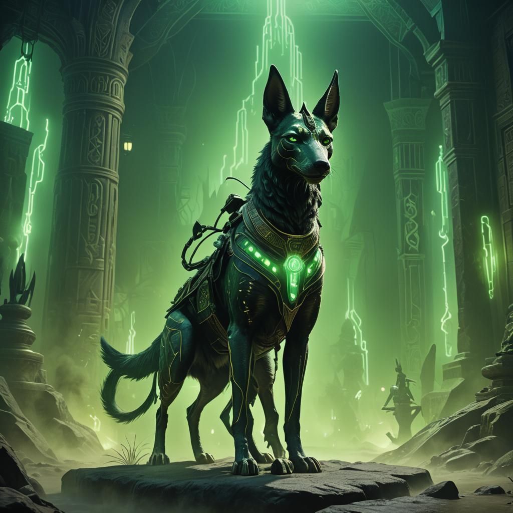 Anubis jackal with eerie green light and green mist.