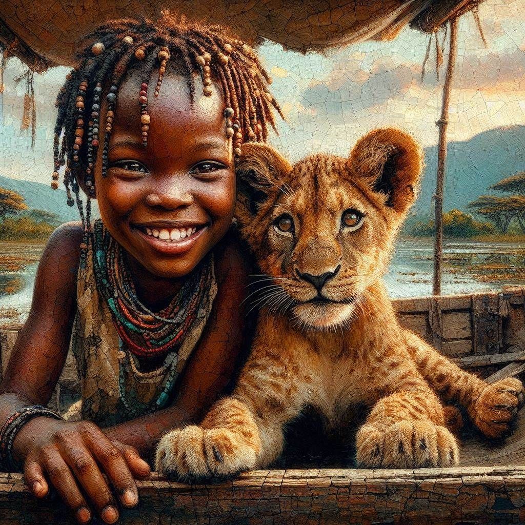 Little African child with friendly Lion cub