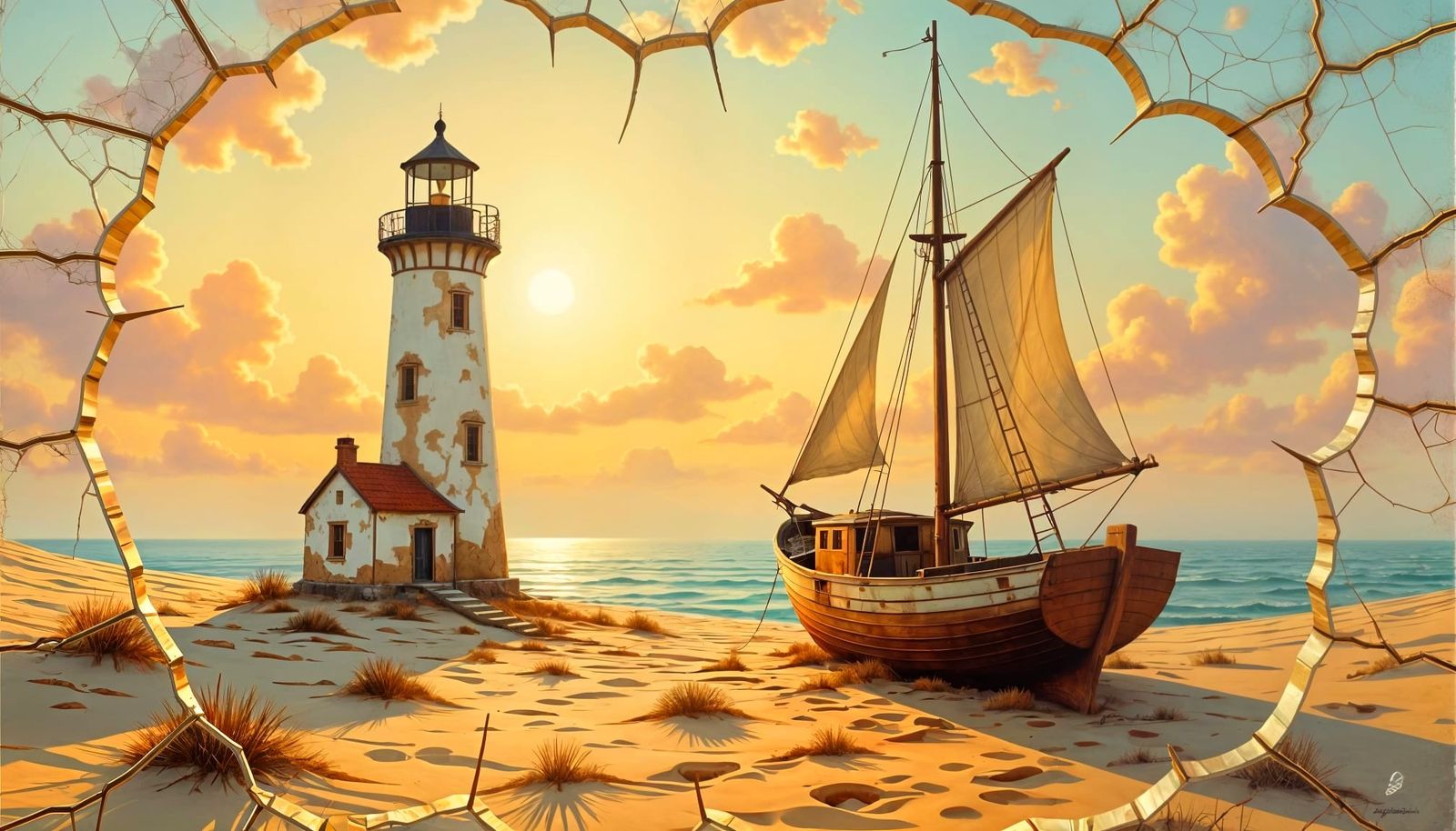 A hyper-detailed surreal scene of (lighthouse - abandoned sailboat - desert, Otherworldly masterpiece, ...  by @Hugo Raul