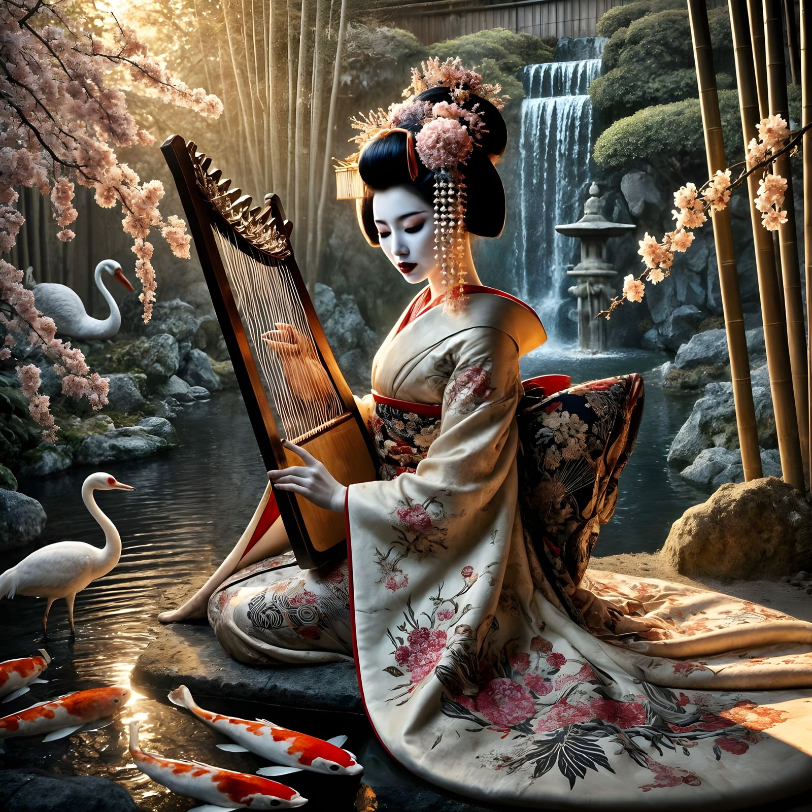 A Beautiful Geisha playing a harp (koto) beside a pond of ko...