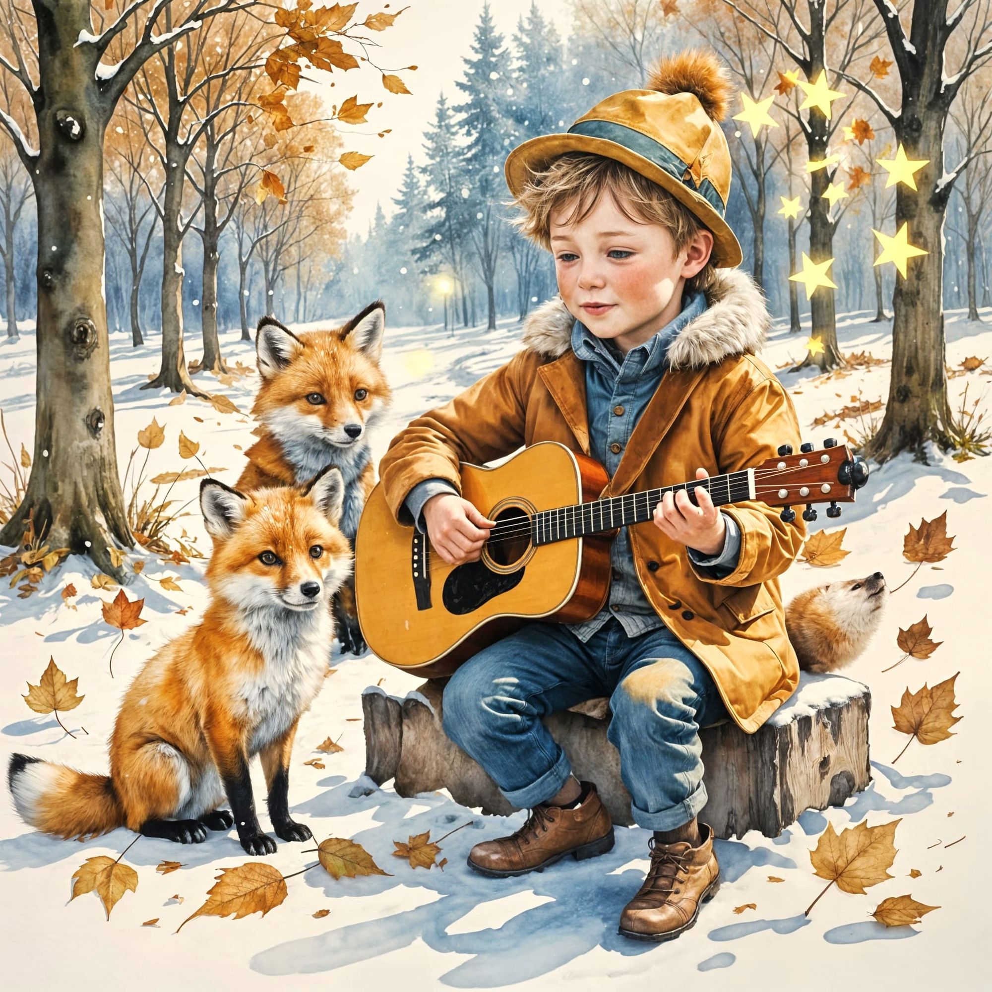 Watercolor painting of a small boy sitting and playing the violin with Moika notes in the air, the boy with a soft white fox fur coat and ha...