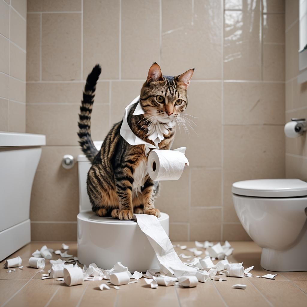Tabby cat shredding toilet paper in a bathroom AI Generated Artwork