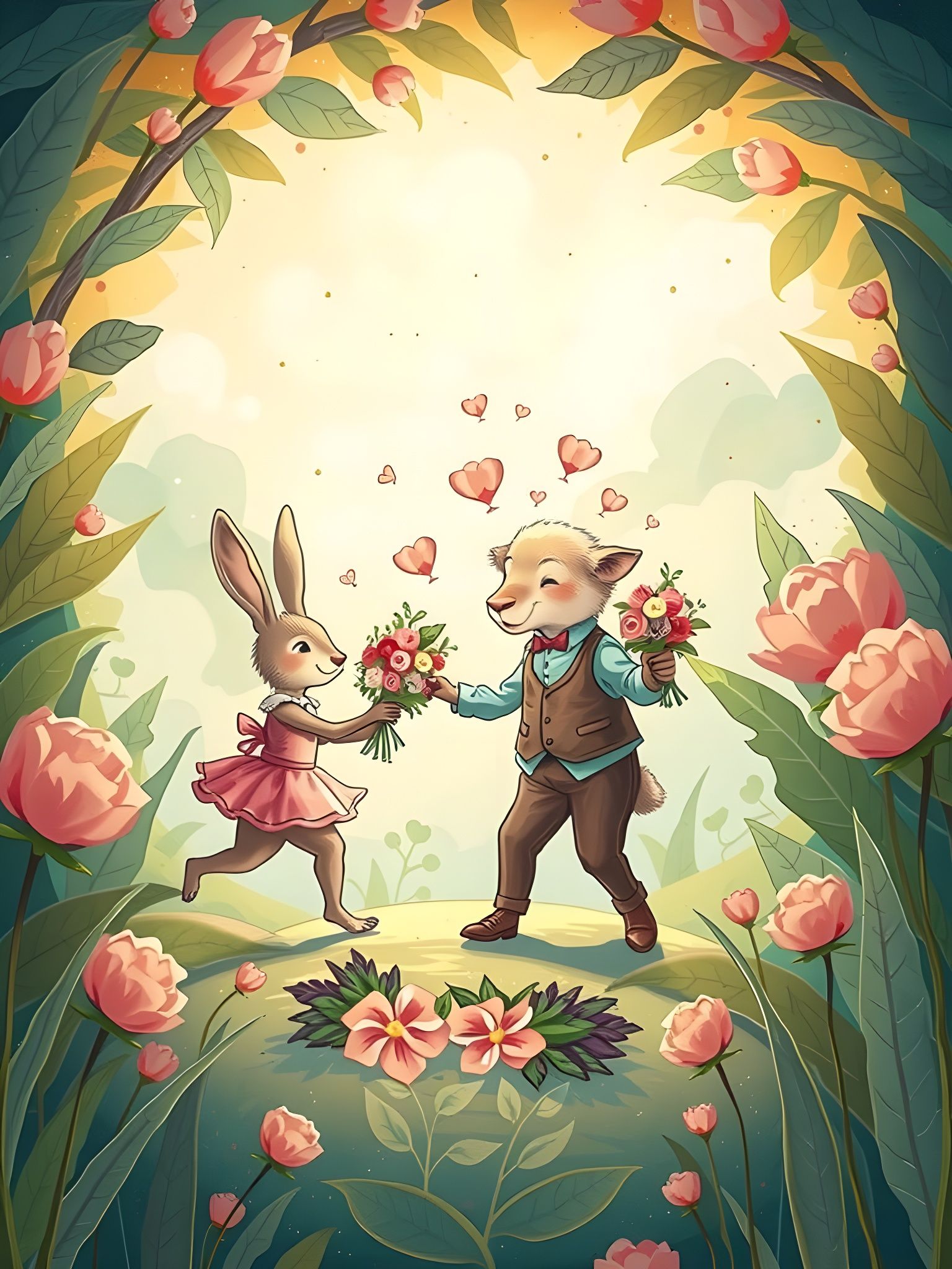 Delicate Cartoon Couples Dance in Enchanted Landscape