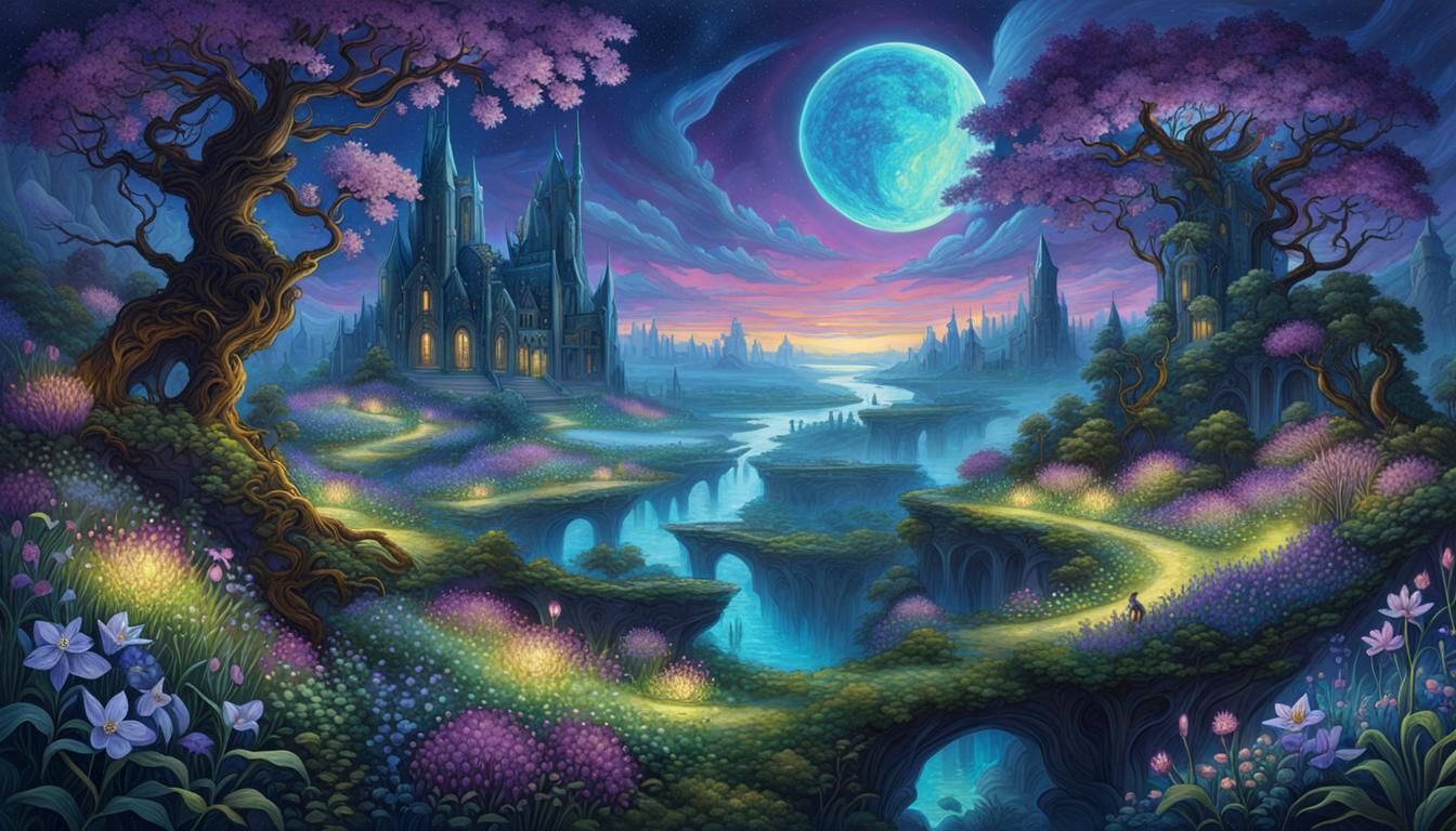 32k resolution hyperdetailed hyperintricate gaming world, expansive illustration image of a beautiful spring twilight with bioluminescence f...