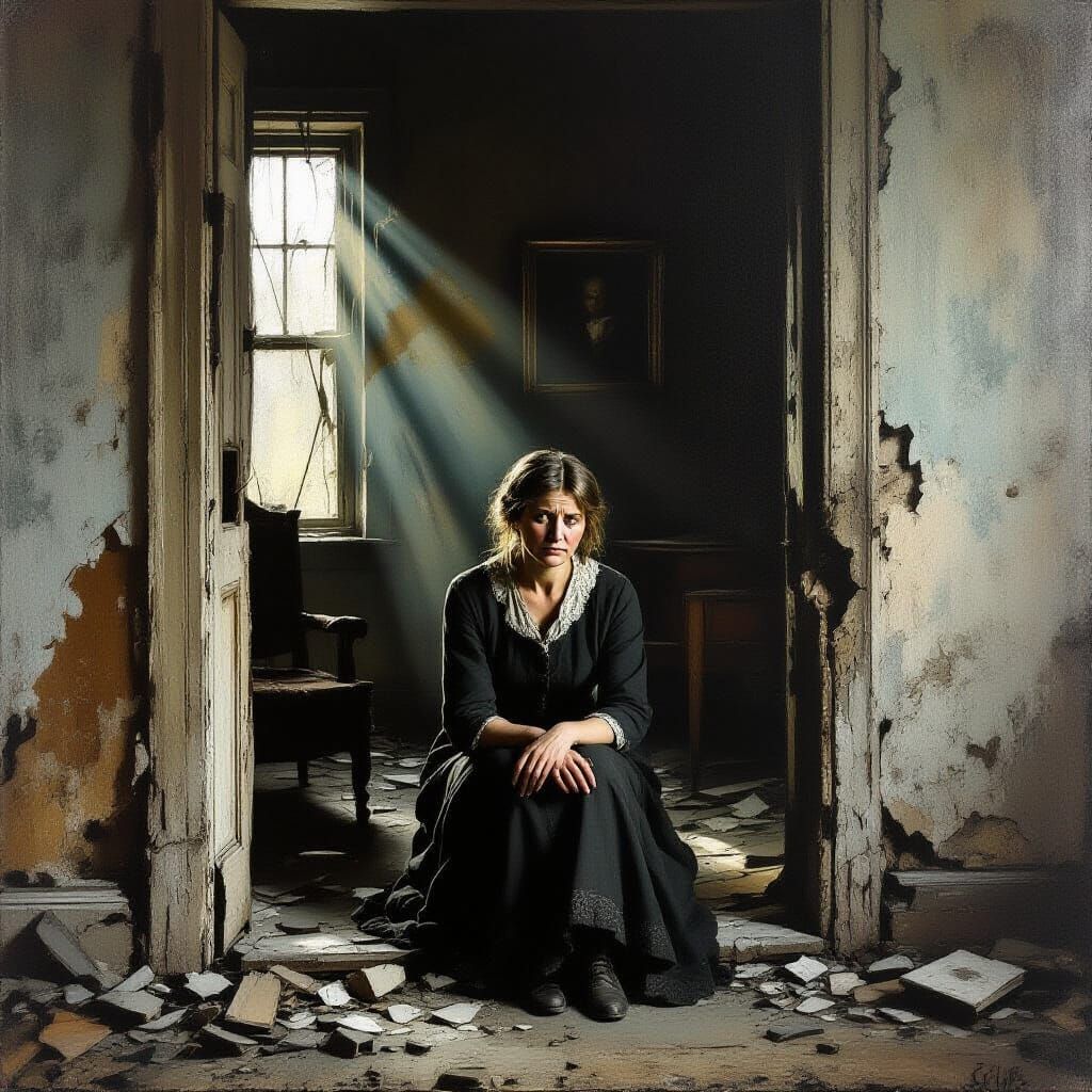 Sorrowful Woman in Derelict House Oil Painting
