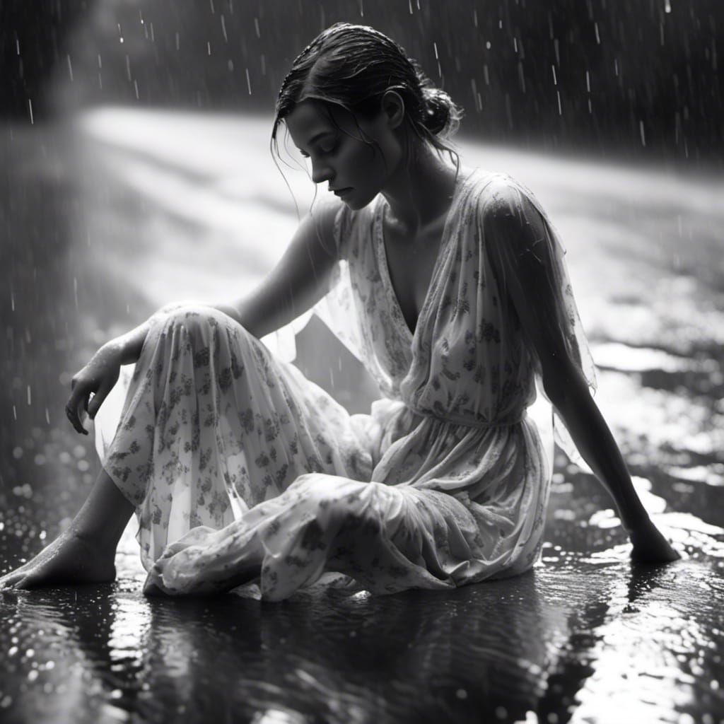 Ethereal Rain: Woman in Sheer Pajamas, Black and White