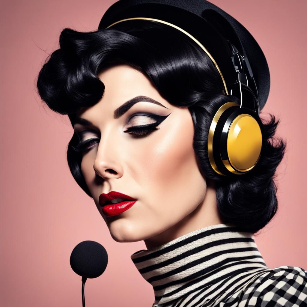 transvestite girl. short black hair. in 50s style fashion, l...