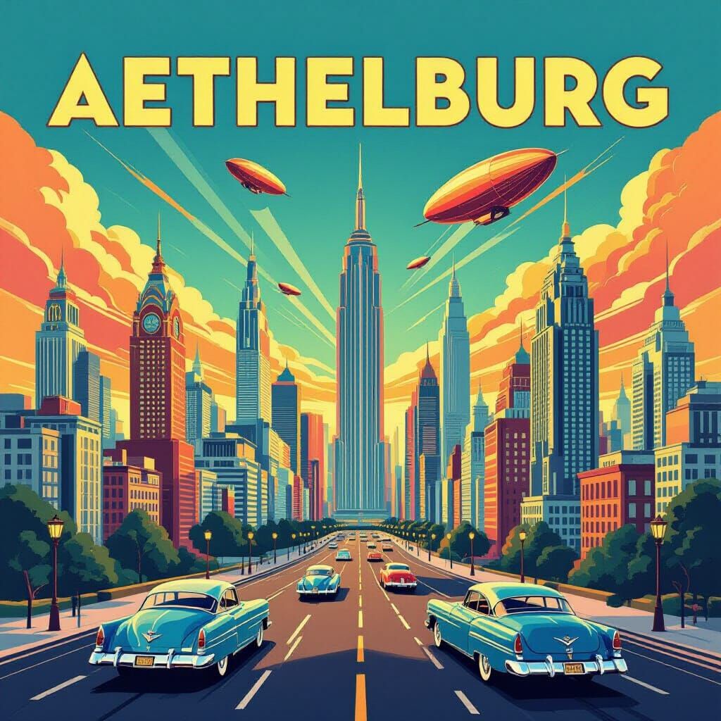 A stylized travel poster for a fictional retro-futuristic city called 'Aethelburg'. 