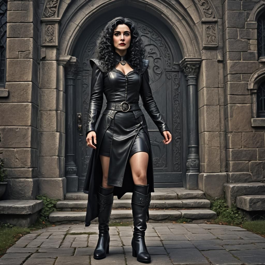 Mother Gothel Dressed In Black Leather, Black Mini Skirt And Black 