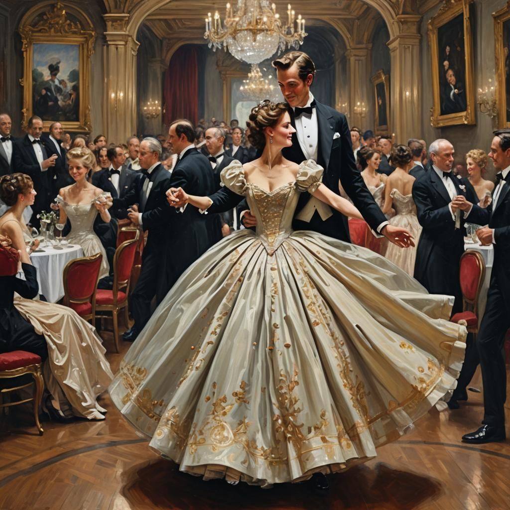 A woman in a fancy ball gown dancing with a tall man with a ...
