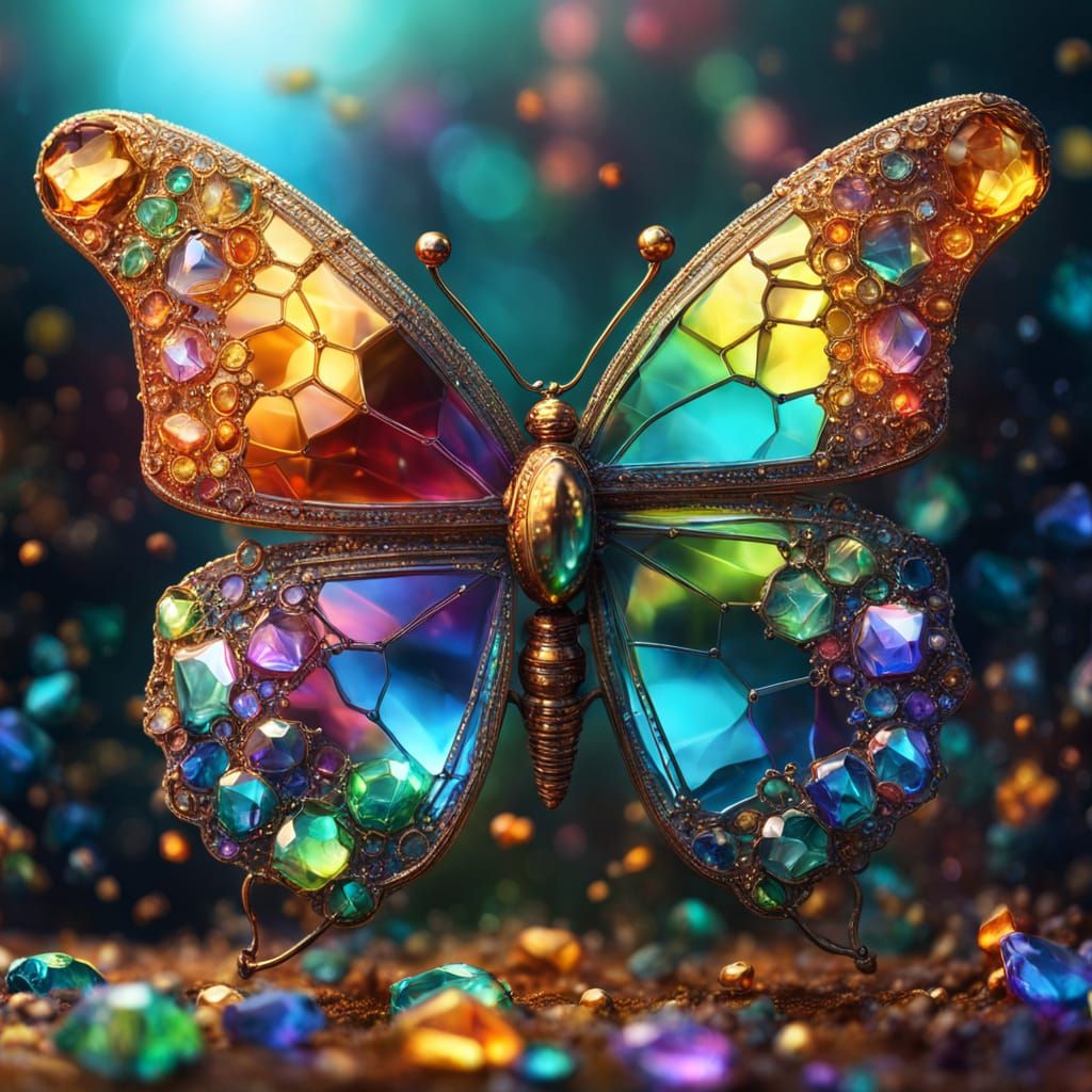 Photorealistic irridescent butterfly made of gems as seen through a prism, rainbow refraction, bubbles floating, , advert style,Yoshikata Am...