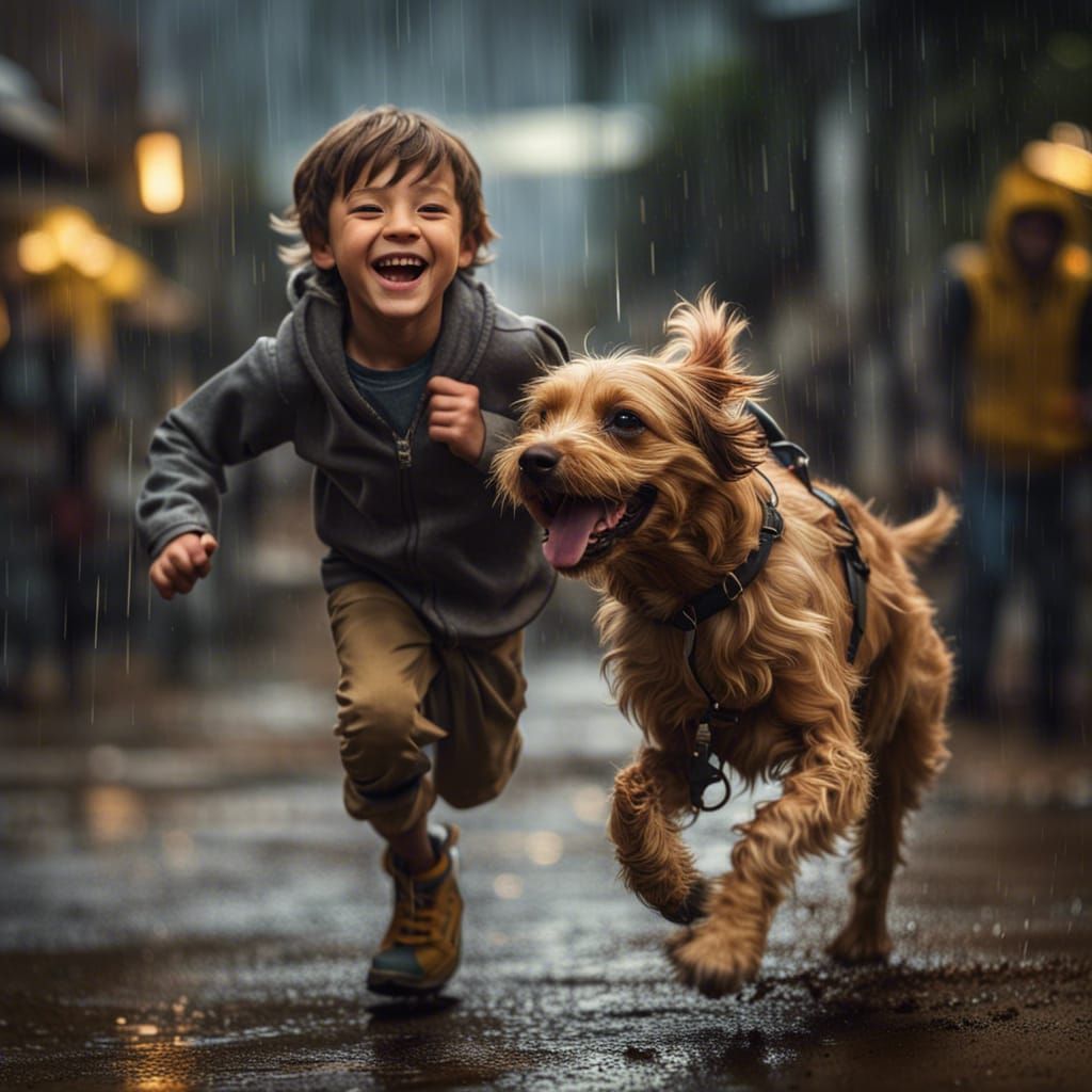 A boy and his dog playing in the rain false
