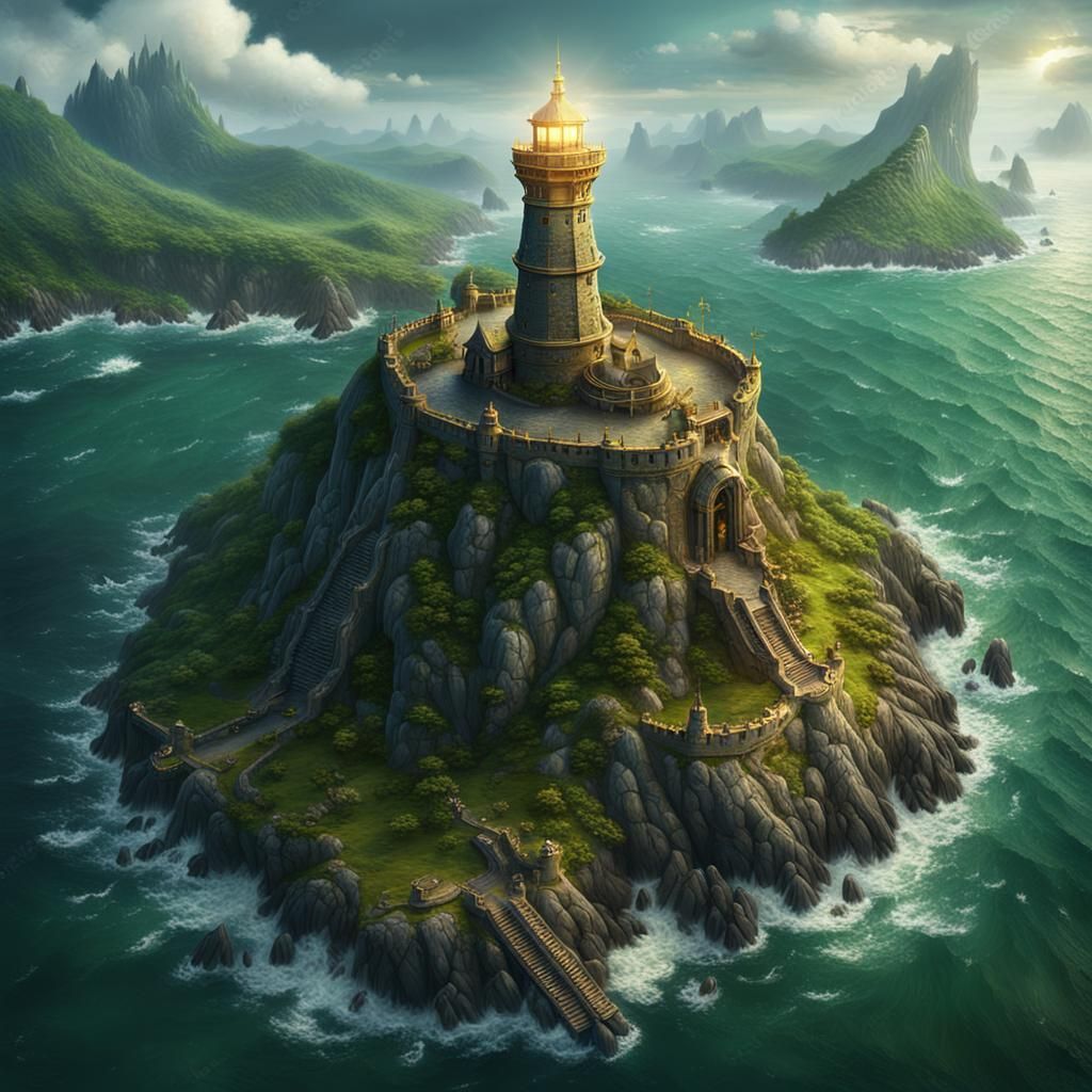 Ancient elven lighthouse, dark fantasy, medieval, south american style, gold-trimmed stone, green peninsula connected to the mainland, vast...