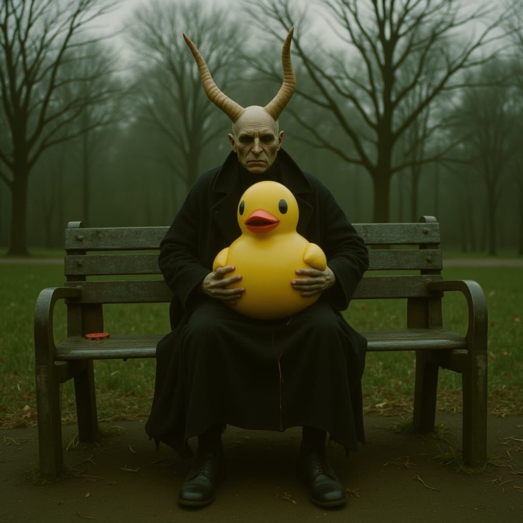 a demonwearing an overcoat while sitting on a park bench is affectionally holding an oversized rubber ducky CINEMATIC Analog Photography 35m...