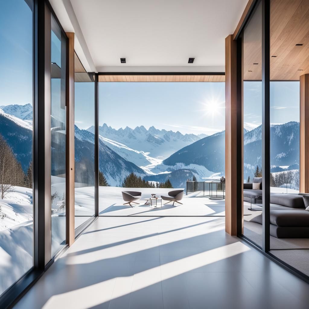 inside a modern minimalist mansion in the snowy alps