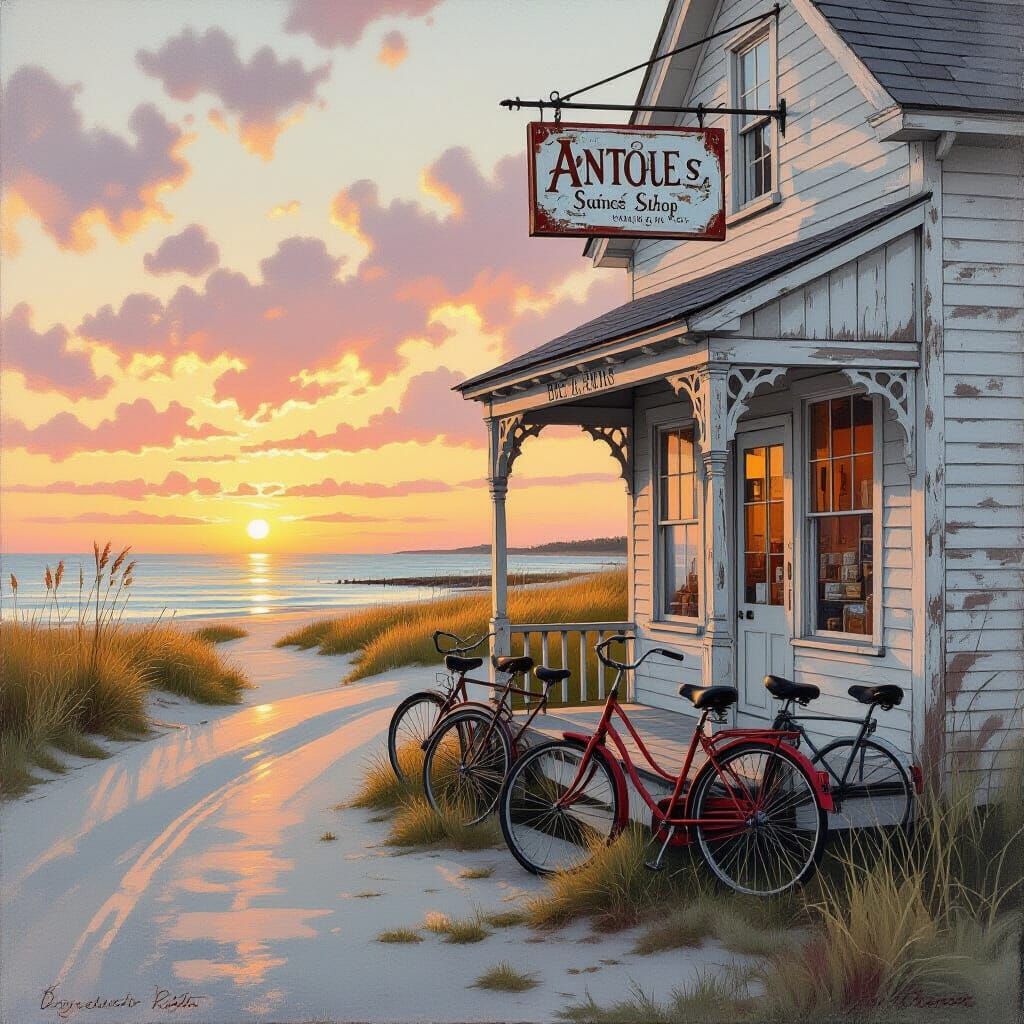 An old grey and weathered antique shop nestled along a beach front road, and beyond the road, a saltmarsh ...  by @ArchieWahwah