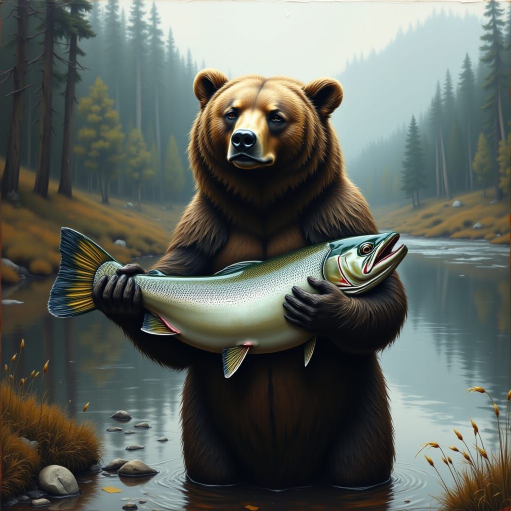 A bear holding a gigantic salmon, standing next to a river, in the style of contexture moody. <lora:Contexture Moody:1.0>
