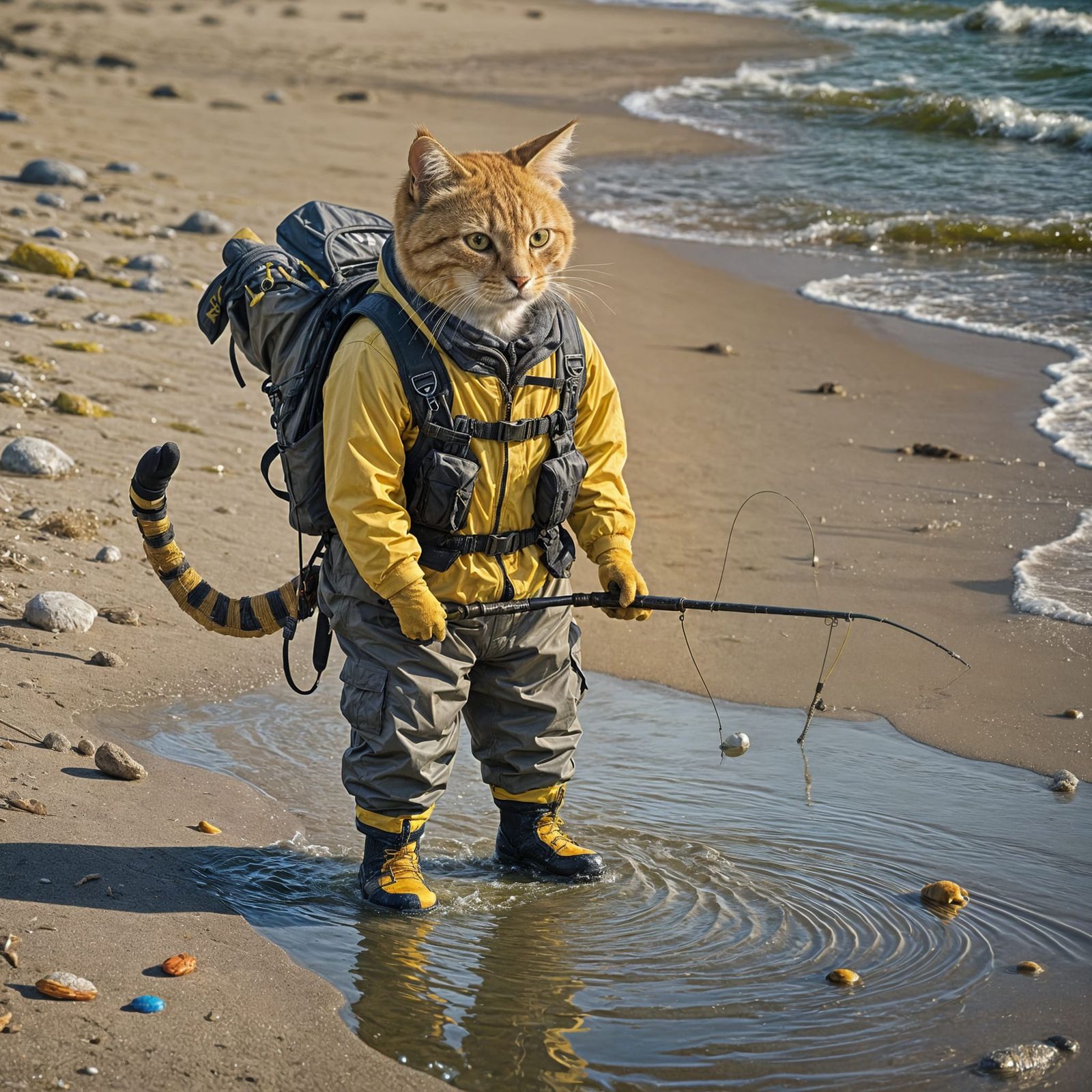 yellow cat wearing waders fishing on the beach  by @Ed Evans
