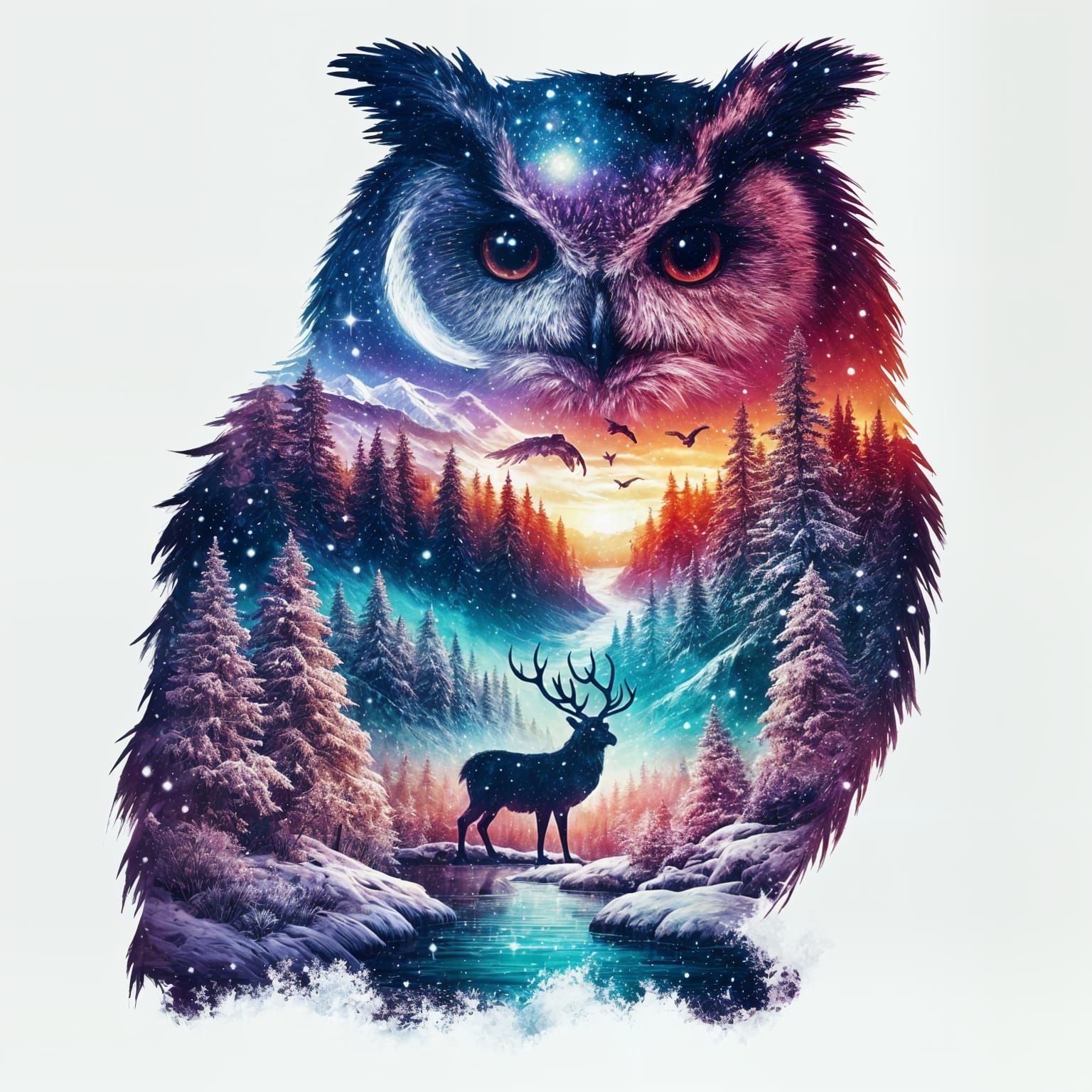 owl and stag double exposure.  by @Ylona