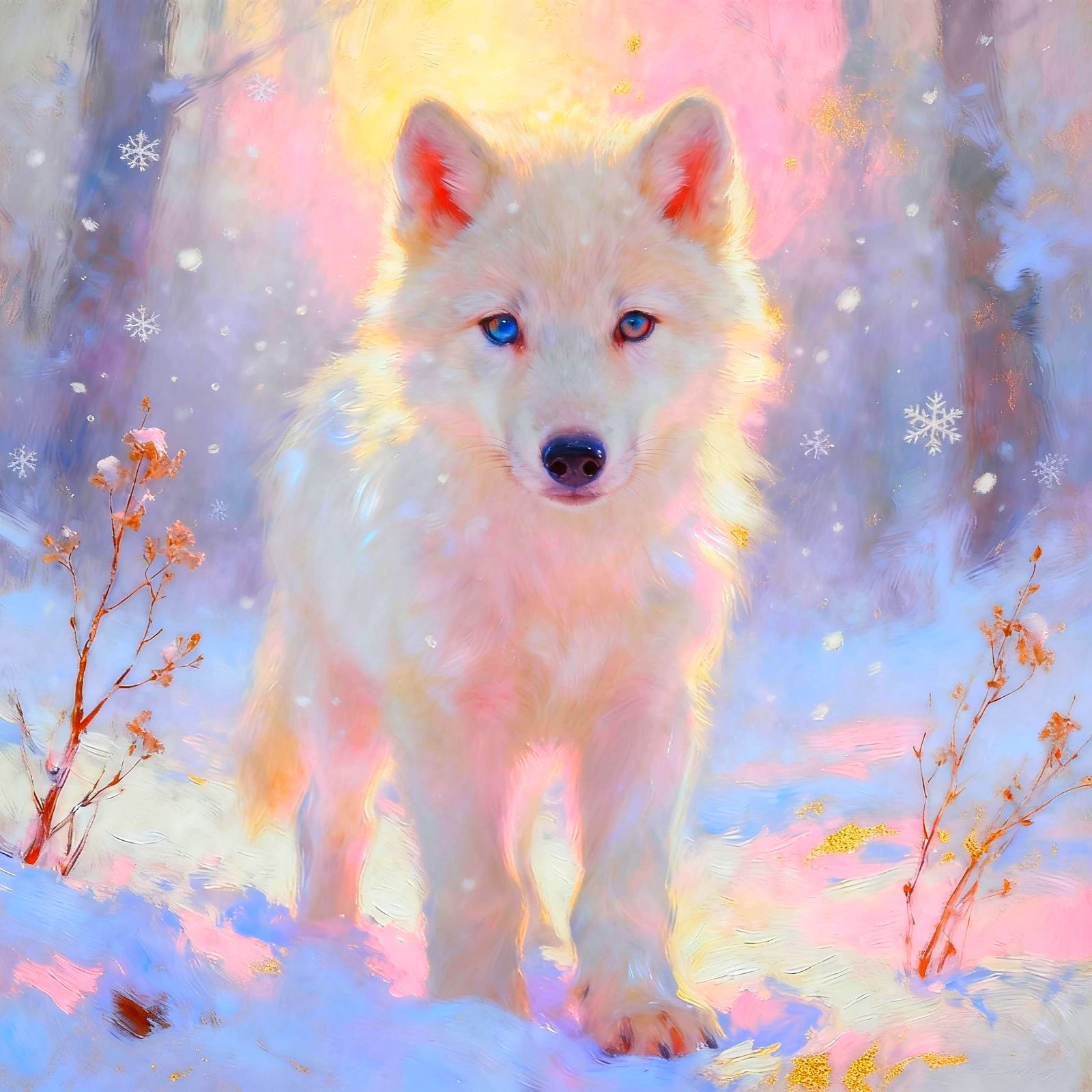 Wolf Pup in Snowy Forest Oil Painting