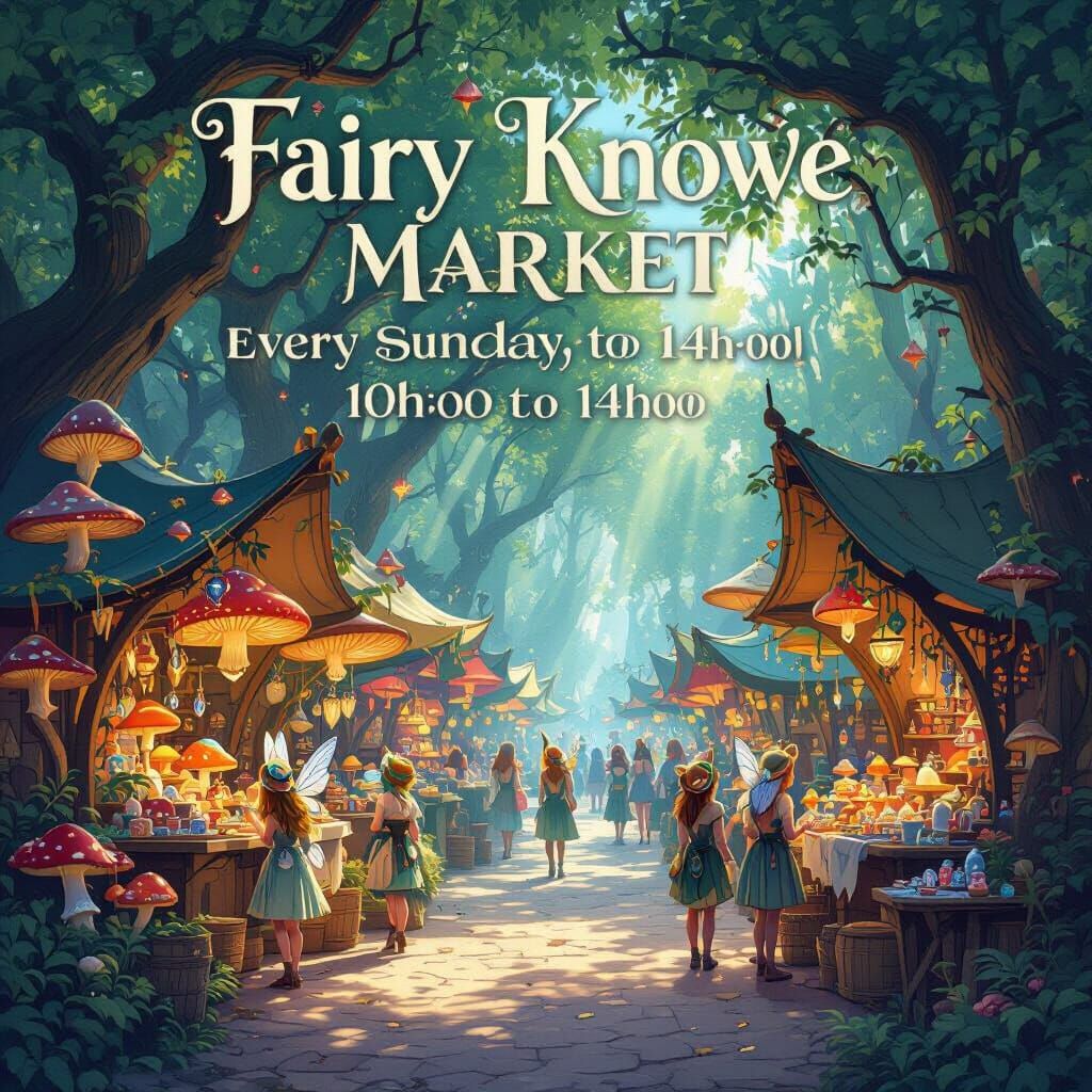large fairy market called "Fairy Knowe Market
Every Sunday 10h00 to 14h00 "
bold text, increase text size
increase text size