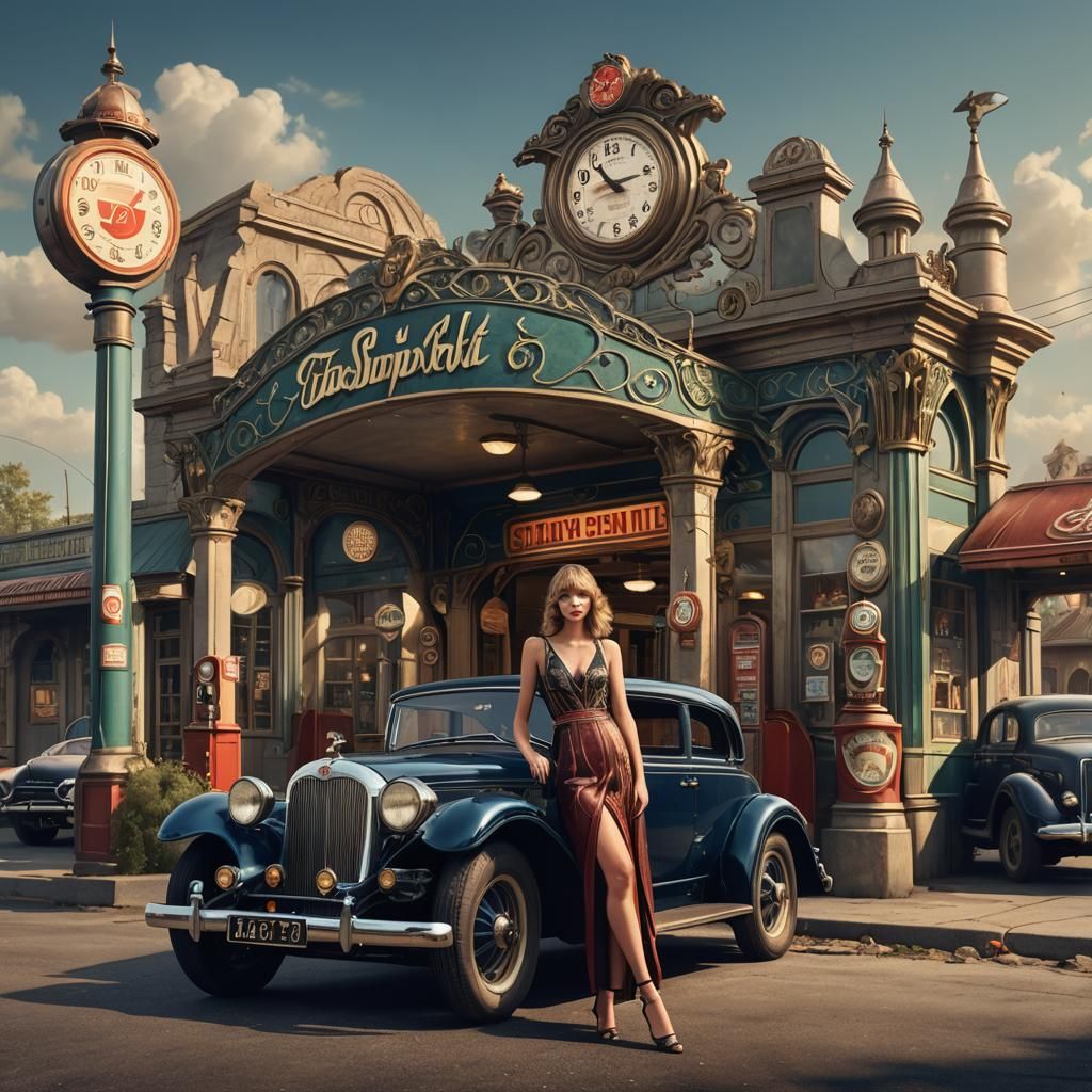 Art Nouveau gas station and Taylor Swift posing, oldtimer an...