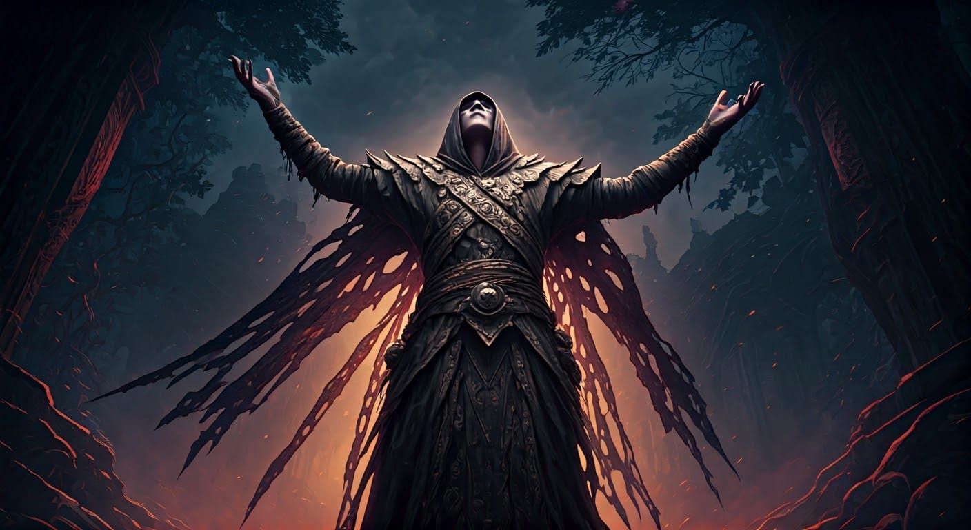 shaman standing arms raised