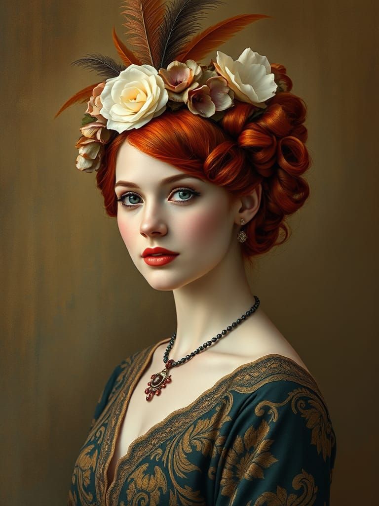 A portrait of a woman, red hair styled elegantly, adorned wi...