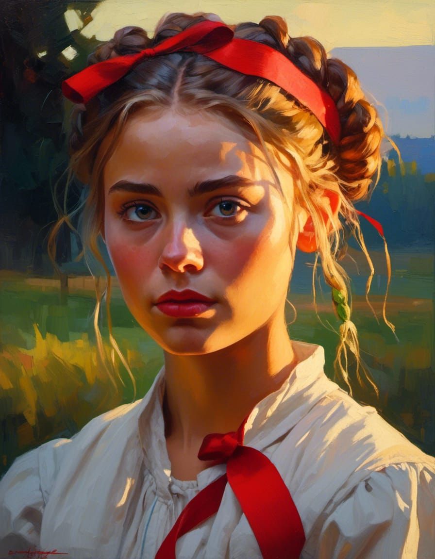captivating close up portrait of a young Polish peasant woman, contemplative gaze, braided hair with red ribbon, traditional white blouse, g...