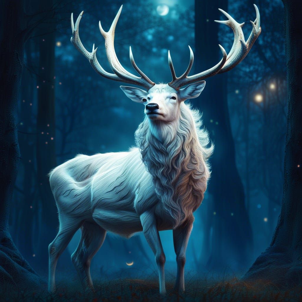 a magestic white stag with massive antlers standing in a clearing ...