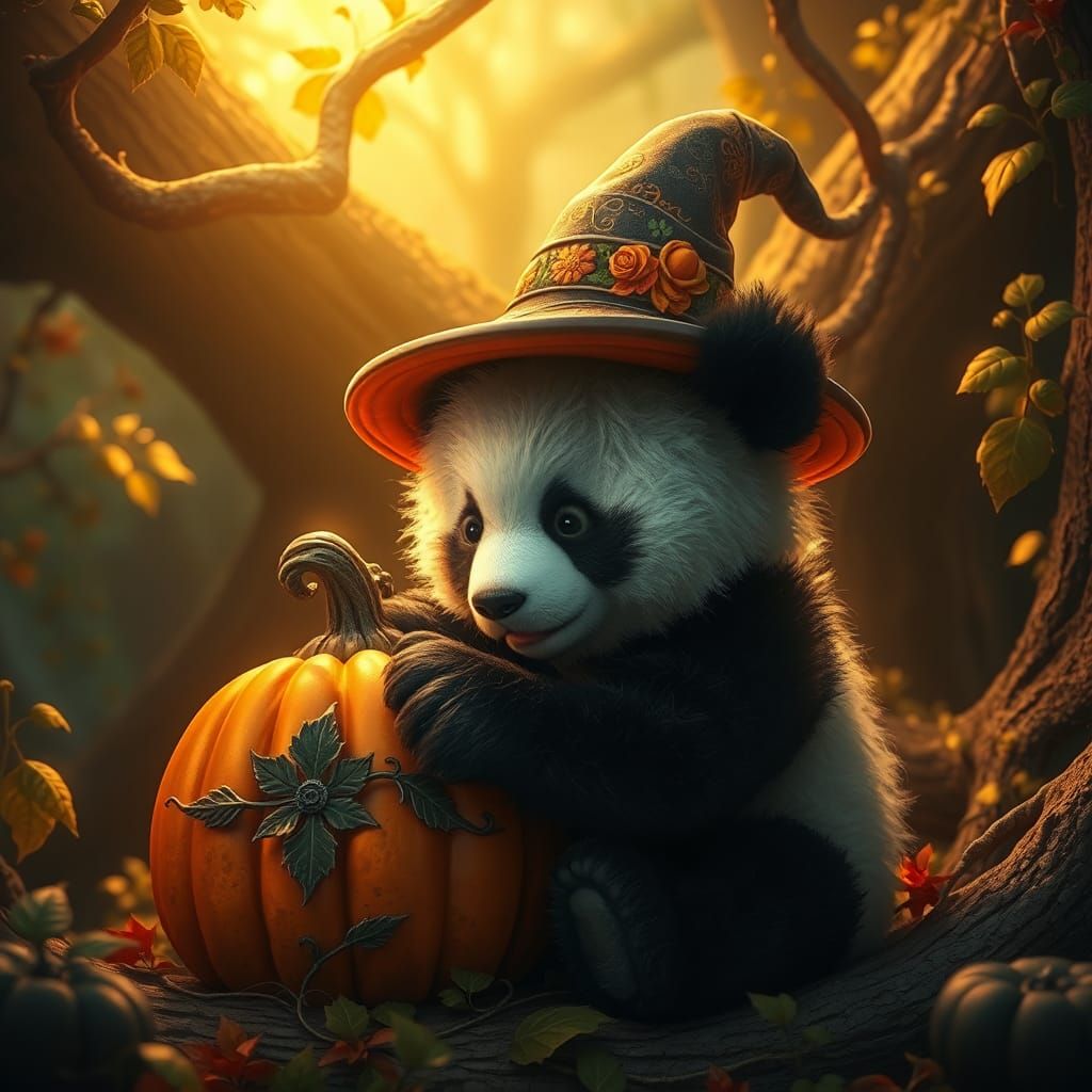 Baby panda bear playing with a halloween pumpkin  by @Miss Miraculous
