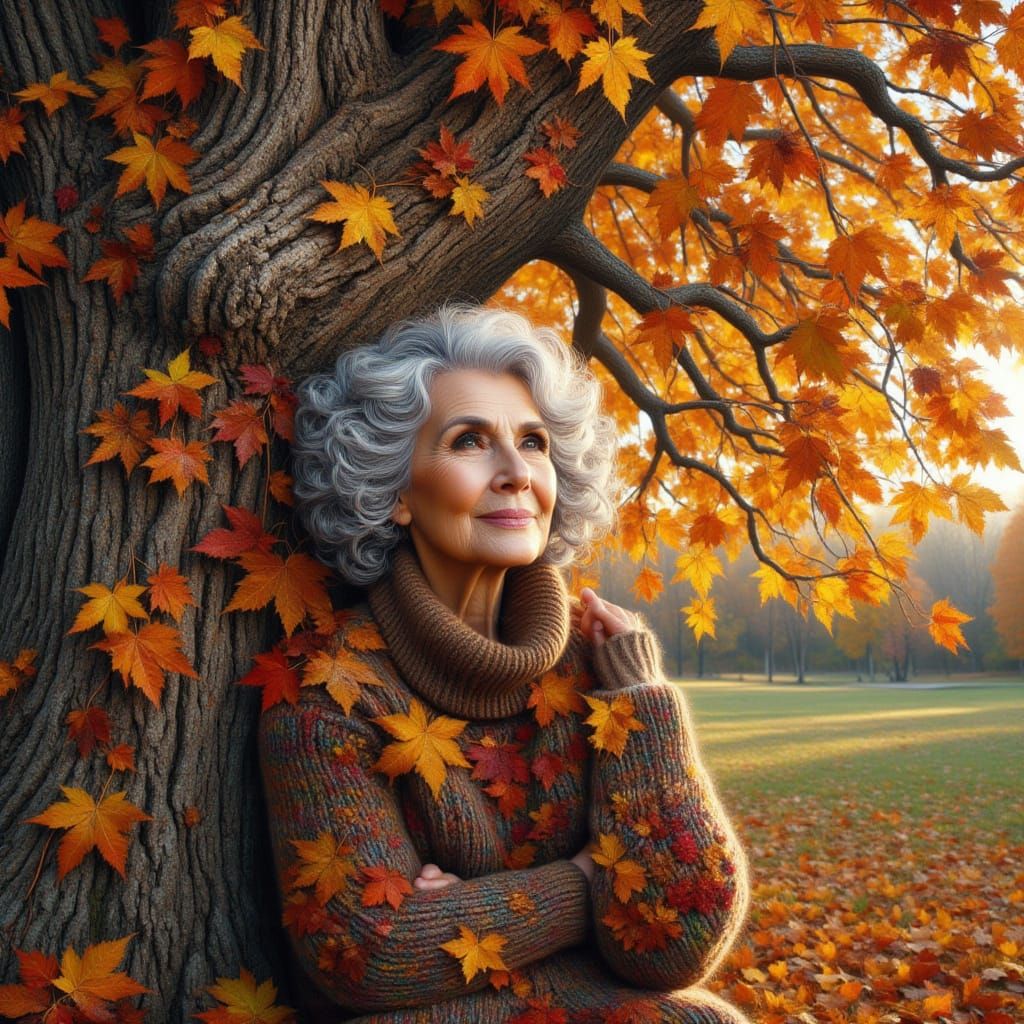 <lora:kak-Autumnal:1.0>Autumnal elderly beautiful woman standing close to a tree