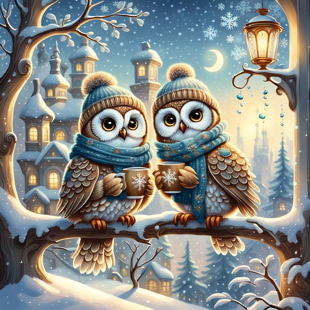 two cartoon cute fluffy owls, knitted hats, scarves, sitting...