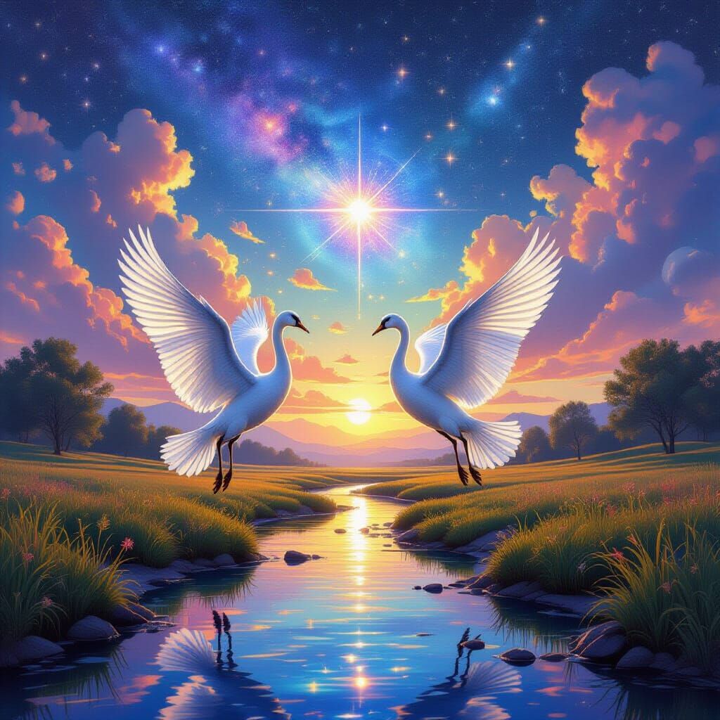 Swans on Shimmering Stream in Pastel Colors