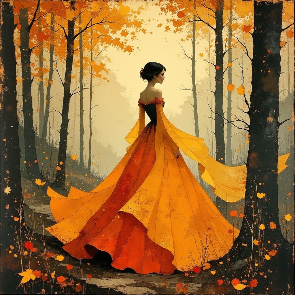Woman in a large, billowing hoop skirt gown adorned with long, flowing butterfly sleeves. The gown is rendered in rich autumn colors: deep o...